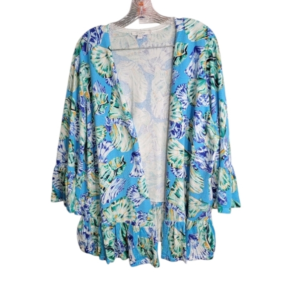 Chico's open front top size 3 US XL blue shells cruise beach Ruffled cardigan - Picture 7 of 10
